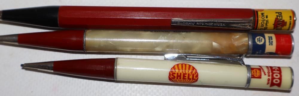 Group Of 3 Derby, Shell & Pennzoil Advertising Pencils With Oil Can Toppers: Longest Is 5.5"