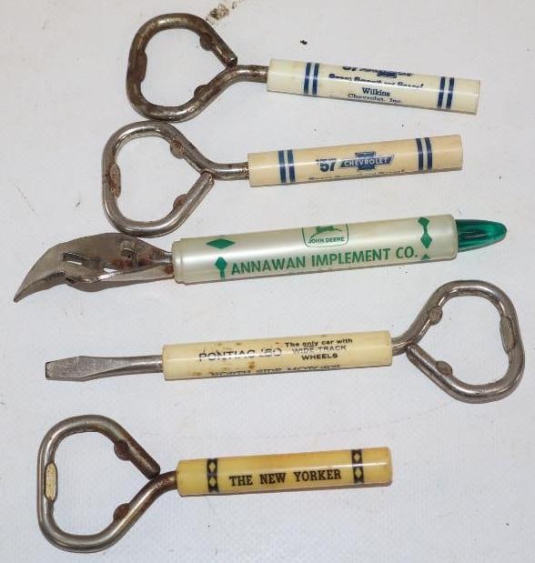 Group Of 5 Chevrolet, Pontiac, New Yorker & John Deere Advertising Bottle Openers: Largest Is 1.25x 6