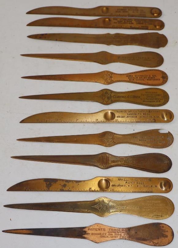 Group Of 12 Advertising Brass Letter Openers: Largest Is 1x 8