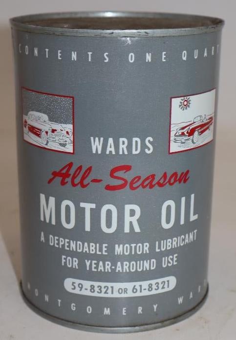 Wards All Season Metal One Quart Oil Can with Car Graphics: Empty. 32oz