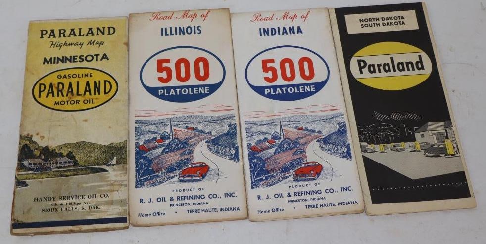 Group Of 4 Paraland & 500 Platolene Advertising Gas Station Road Maps: 9x 4 Each