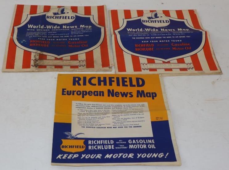 Group Of 3 Richfield Worldwide News Advertising Gas Station Road Maps: 9.5x 5.25 Each