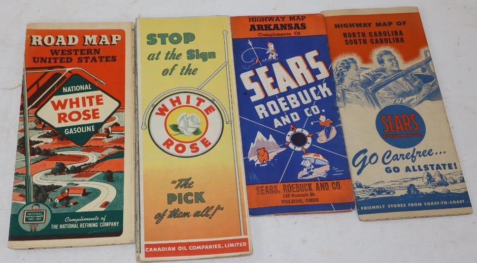 Group Of 4 National White Rose & Sears Advertising Gas Station Road Maps: Largest Is 9.75x 3.75