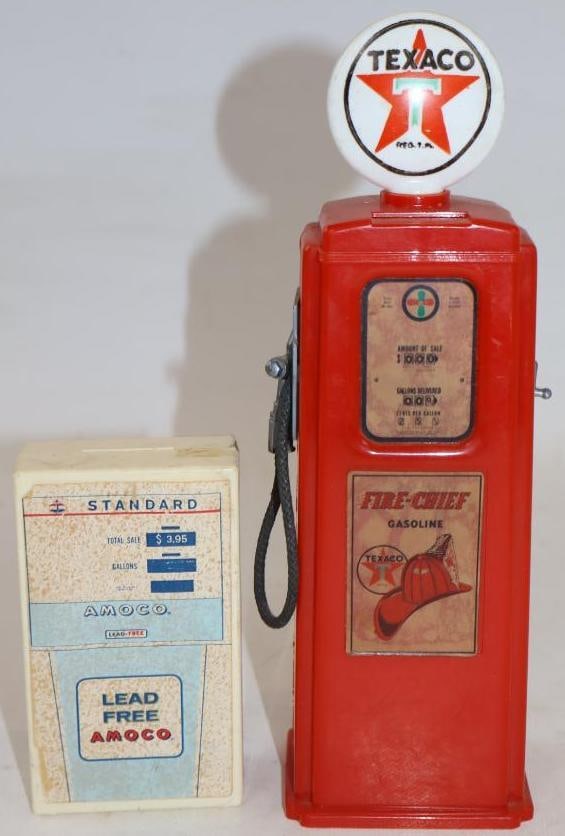 Group Of 2 Gas Pump Shaped Standard & Texaco Advertising Coin Banks (1 of 2)