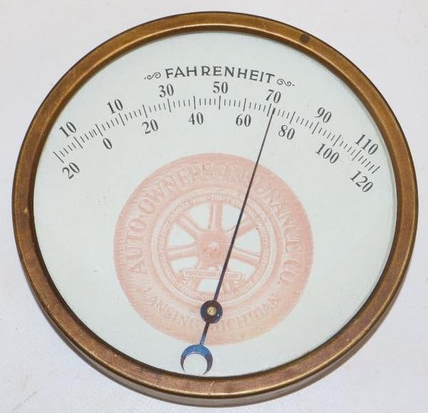 Brass Lancing Michigan Auto Owners Insurance Co Advertising Thermometer With Early Wood Rimmed Wheel (1 of 2)