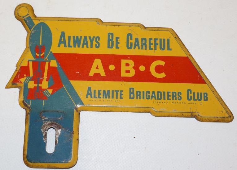 Alemite Brigadiers Club Tin Litho License Plate Topper: 7x 5