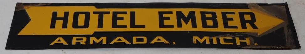 Hotel Ember Right Arrow Armada Michigan Embossed SST Advertising Sign (1 of 4)
