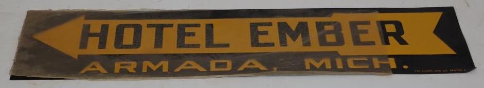 Hotel Ember Left Arrow Armada Michigan Embossed SST Advertising Sign (1 of 4)
