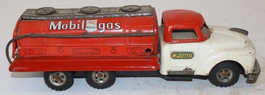 Mobil Gas Ford Tin Litho Tanker Friction Semi Truck Toy (Red Top Cab): Friction works. Is marked BC Japan. 2.5" x 9" x 2.25"