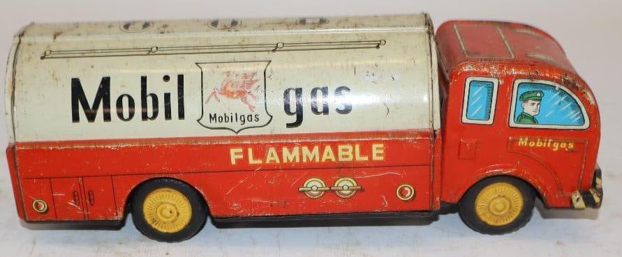 Mobil Gas Tin Litho Friction Toy Tanker Truck with White Tank (1 of 6)