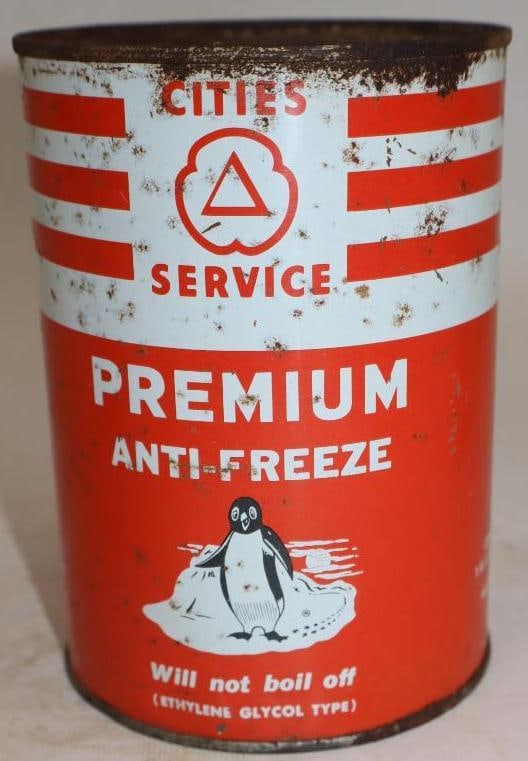 Cities Service Premium Antifreeze "Will Not Boil Off" Metal One Quart Oil Can (with penguin and (1 of 5)