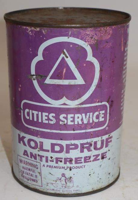 Cities Service Koldpruf Antifreeze Metal One Quart Oil Can (with warning sign on front): Empty. 32oz