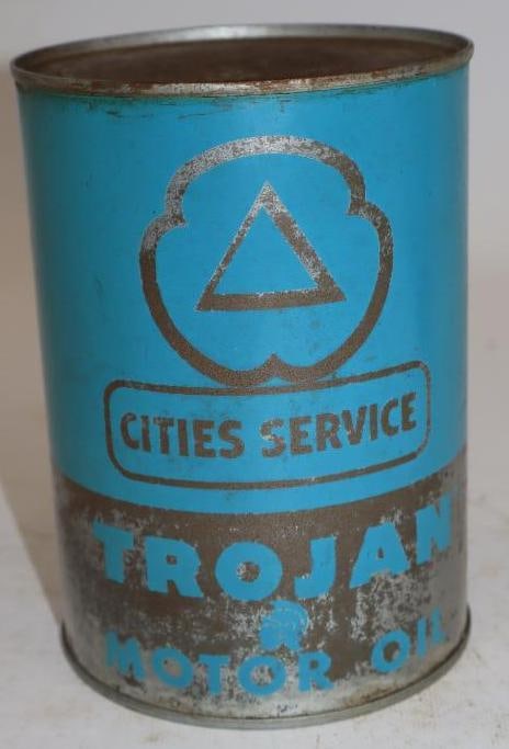 Cities Service Trojan Metal One Quart Oil Can (green and silver): Empty. 32oz