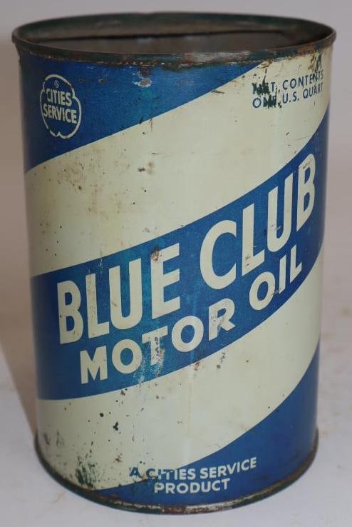 Cities Service Blue Club Metal One Quart Oil Can (with small clover logo): Empty. Missing most of top lid. 32oz
