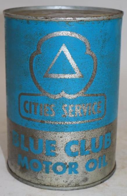 Cities Service Blue Club Metal One Quart Oil Can (blue and silver): Empty. 32oz