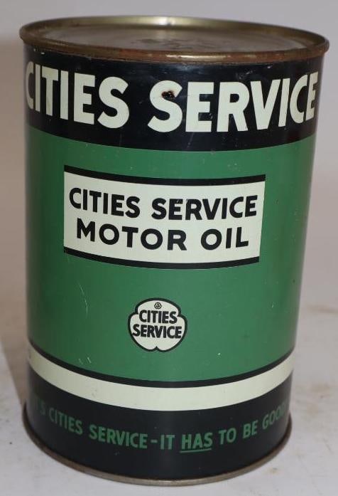 Cities Service Metal One Quart Oil Can (green, black, and white): Empty. No drain holes on lid. 32oz