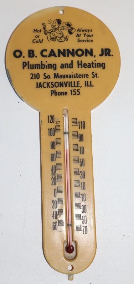O.B. Cannon Jr Plumbing & Heating Jacksonville, IL Thermometer: 3.5" x 8". Plastic. Working.