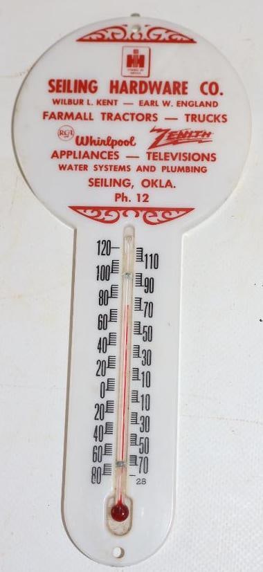 Seiling Hardware Co International and Farmall Tractors Seiling, OK Thermometer: 3.5" x 8". Plastic. Working. It has 2 chips on back edge