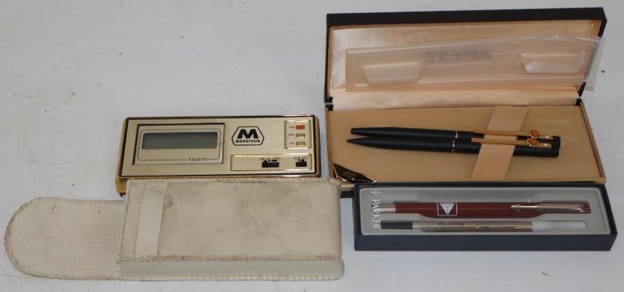 Group Of 3 Derby, Citgo & Marathon Advertising Pens & Alarm Clock In Original Package: Largest Is 6.5x 2.5x 1