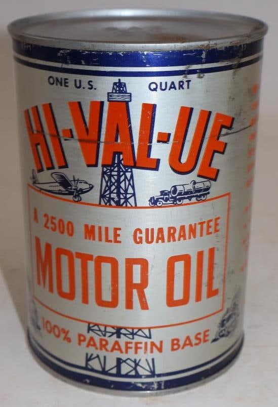 Hi-Val-Ue Graphic Metal One Quart Oil Can: Empty. Has new top lid. 32oz
