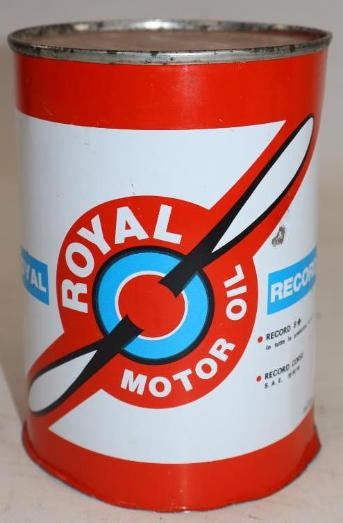 Royal Record Metal One Quart Oil Can with Propeller Graphics: Empty. Missing bottom lid. 32oz