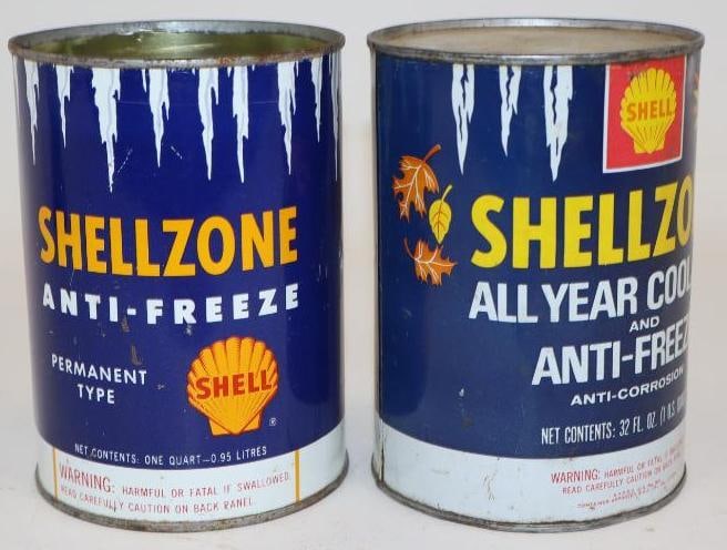 Group of 2 Different Shell Zone One Quart Metal Antifreeze Cans (1 of 2)