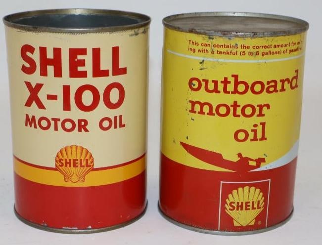 Group of 2 Shell X-100 and Outboard One Quart Metal Oil Cans (1 of 2)