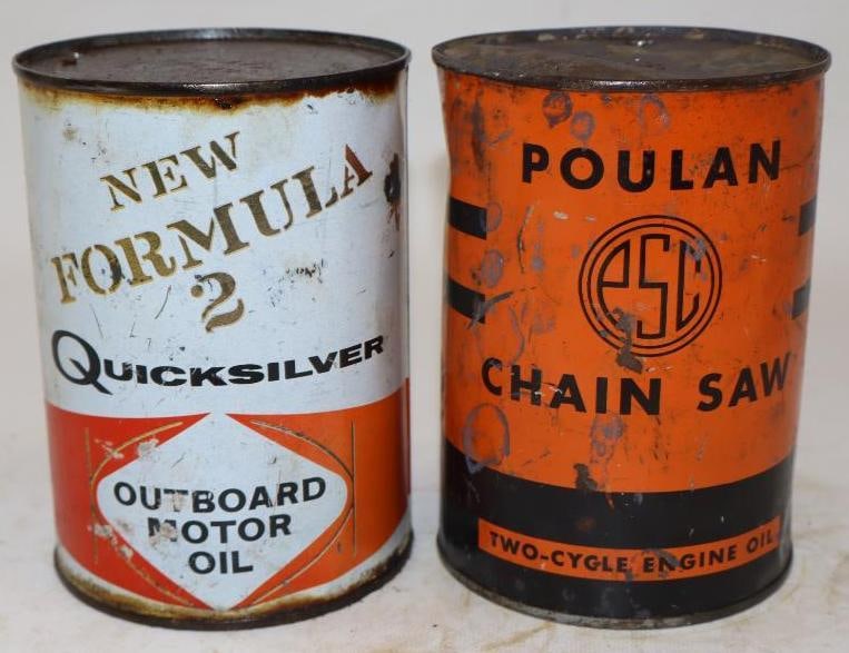 Group of 2 Poulan and Quicksilver Outboard and Chainsaw Metal One Quart Oil Cans (1 of 2)