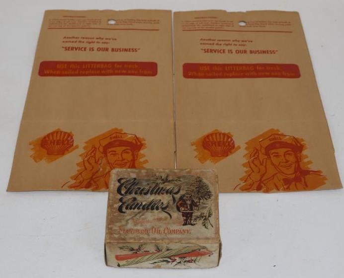 Group Of 3 Shell & Standard Oil Litterbags & Candle Box: Largest Is 7x 13.5 Box Is Empty