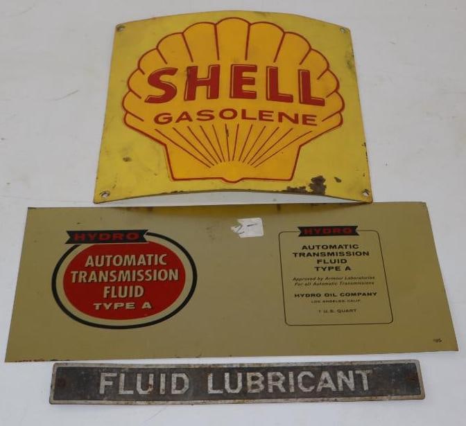 Group of 3 Shell Gasoline Hydro ATF and Fluid Lubricant Gas Pump Decal, Flattened Oil Can, and (1 of 5)