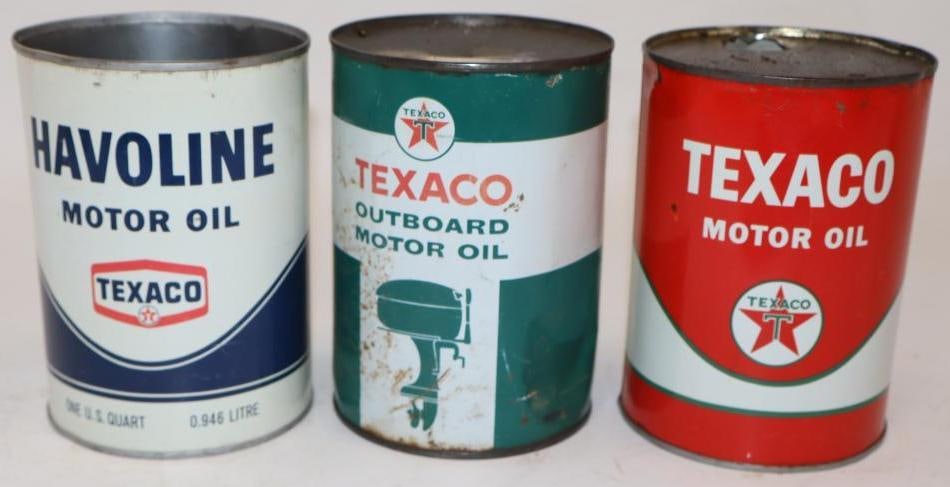 Group of 3 Different Texaco Havoline and Outboard One Quart Metal Oil Cans (1 of 2)