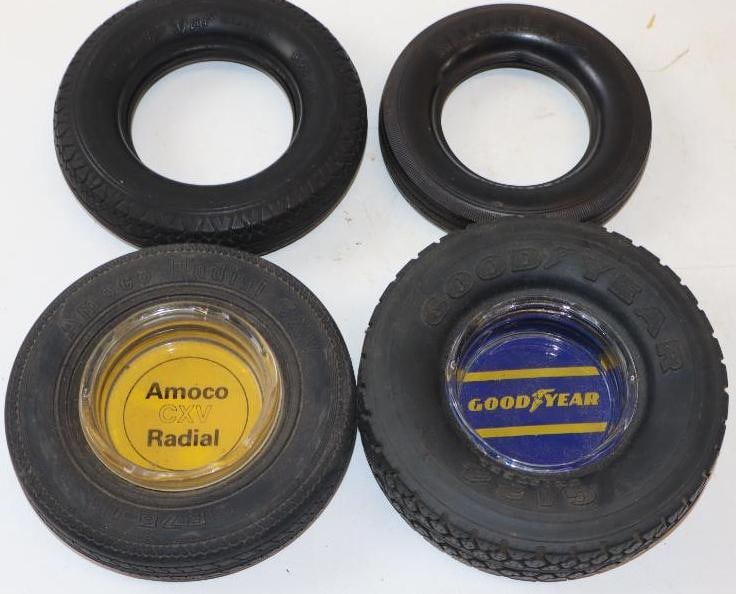 Group Of 4 Firestone, Goodyear, Amoco & Metzeler Advertising Tire Ash Trays: Largest Is 6.5x 1.75, 2 Tires Are Missing Glass