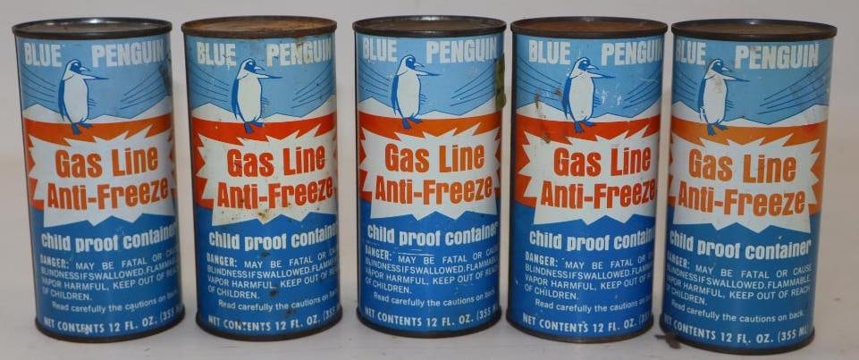 Group of 5 Blue Penguin Gas Line Antifreeze Cans: All are full. 12oz each