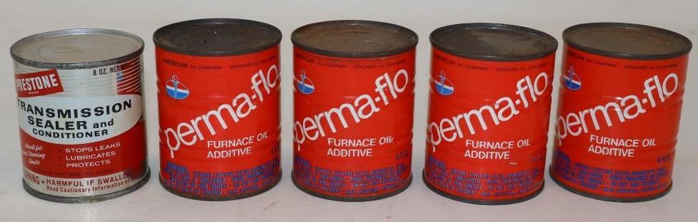 Group of 5 American Oil Perma-Flo and Prestone Transmission Sealer Half Pint Oil Cans: 8oz each
