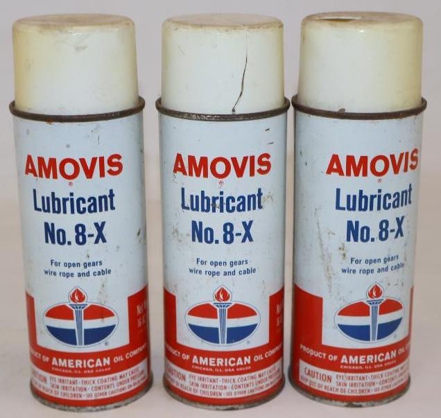 Group of 3 American Oil Amovis Spray Lubricant Cans: Two have damaged lids. 16oz each