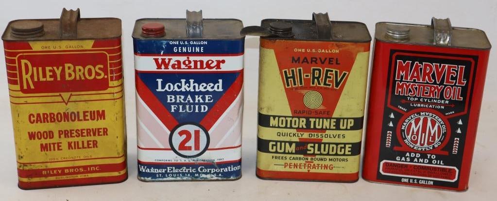 Group of 4 Wagner, Riley Bros, Hi-Rev, and Marvel Mystery One Gallon Oil Cans (1 of 2)
