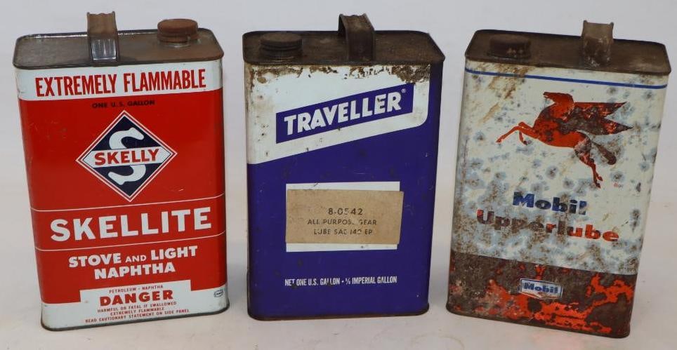 Group of 3 Skelly, Traveler, and Mobil One Gallon Oil Cans (1 of 2)