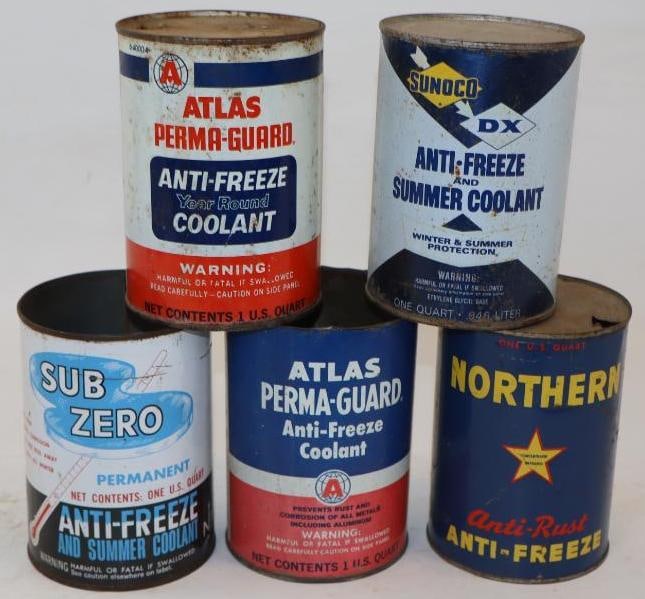Group of 5 Different Metal One Quart Antifreeze Cans (1 of 2)
