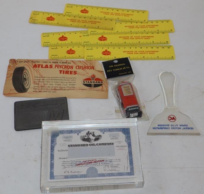 Group Of 6 Standard, Amoco & AC Advertising Paper Weight Ruler, Ice Scraper & Credit Card Company: Largest Is 6x 4x 1