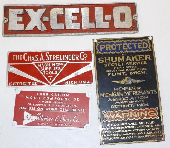 Group Of 4 Shumaker, AE Parker, Ex-cell-o & Chas A. Strelinger Advertising Emblems: Largest Is 6.25x 1.5