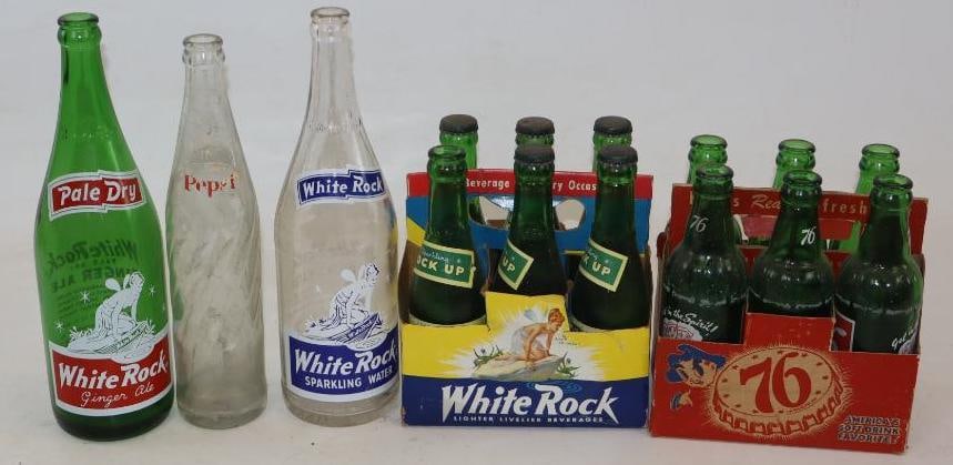 Group Of 15 White Rock Pepsi Cola & 76 Soda & Sparkling Water Bottles: Largest Is 28 oz