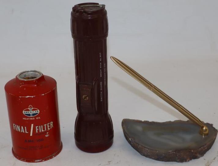 Group Of 3 American Oil Advertising Flash Light, Pen Holder & Heating Oil Filter: Largest Is 2x 2x 8