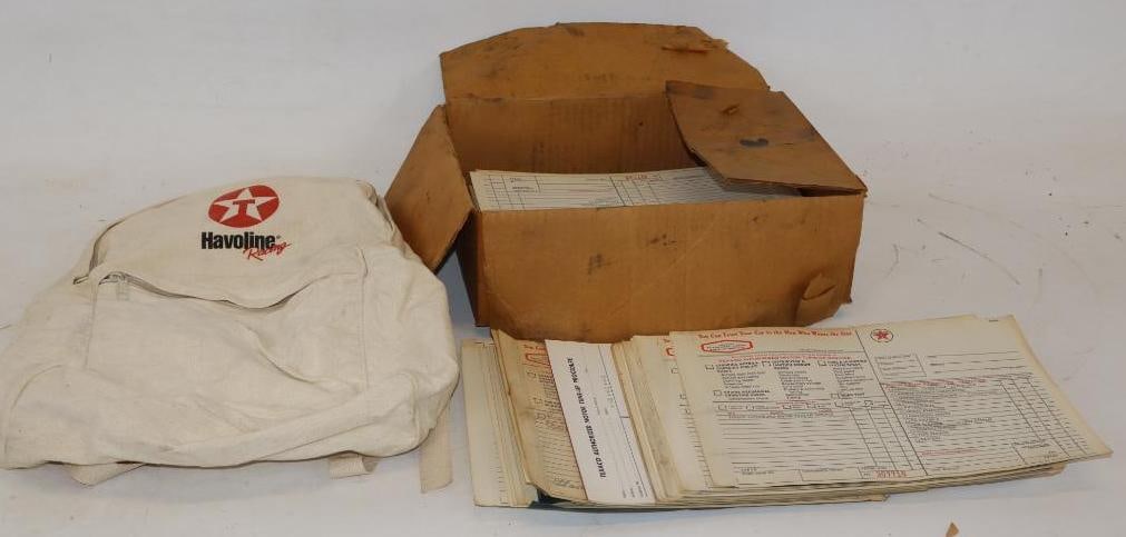 Group of 2 Texaco Havoline Racing Canvas Backpack, and Box of Unused Texaco Petroleum Product: Largest is 10" x 13" x 4"