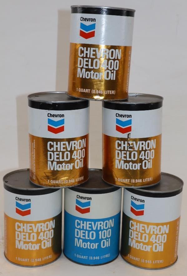 Group of 6 Composite Chevron One Quart Oil Cans (1 of 2)