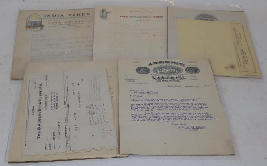 Group of 9 Goodyear, Firestone, Fisk, India, and Valvoline 1910-20's Letterheads, and Receipts (1 of 6)