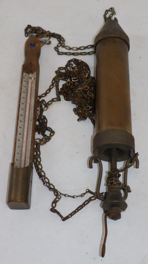 Group of 2 Brass Sprayer, and Wood Mounted Thermometer with Brass Base (1 of 5)