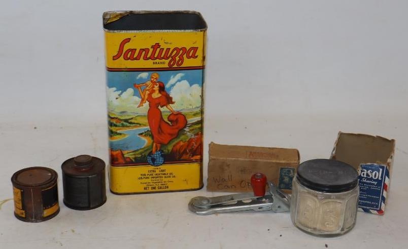 Group of 3 Santuzza Olive Oil, Barbasol, Dutch Boy Paint, Diamond Gloss, and Can Opener: Largest is 5.5" x 4.5" x 10"
