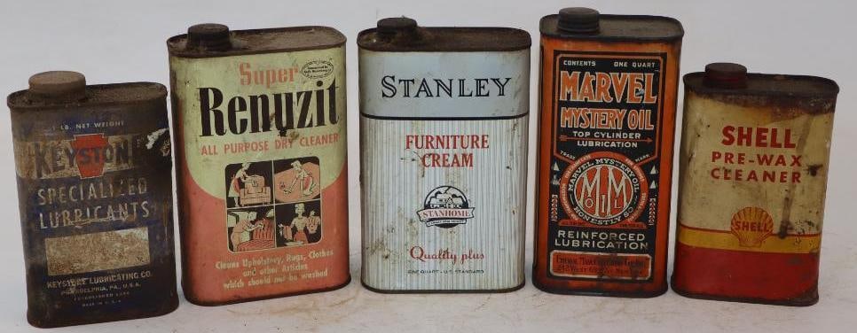 Group of 5 Shell, Keystone, Renuzit, Stanley, and Marvel Mystery One Quart and Pint Metal Oil Cans: Empty. Largest is 32oz