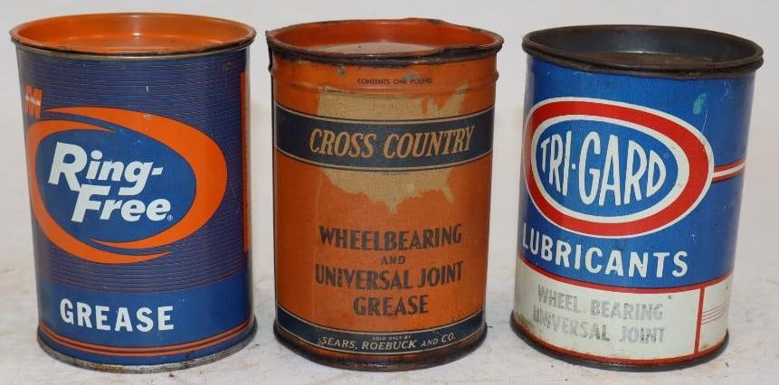 Group of 3 Mac Millan, Cross Country, and Tri-Gard One Pound Grease Cans: All have some contents. 16oz each