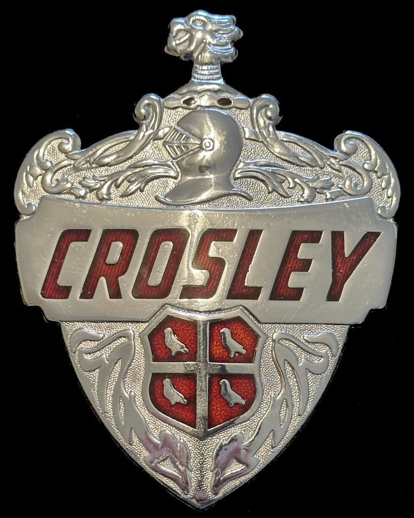 Crosley Hood Emblem: 1946 - 1953 Crosley hood emblem. This emblem is rated scarce and measures approximately 4.6" high by 3.5" wide.